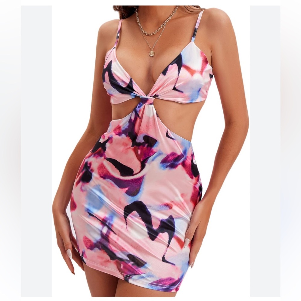 Just Quella Satin Sexy Cutout Bodycon Mini Club Pink Party Dress Size 4-6 NWT